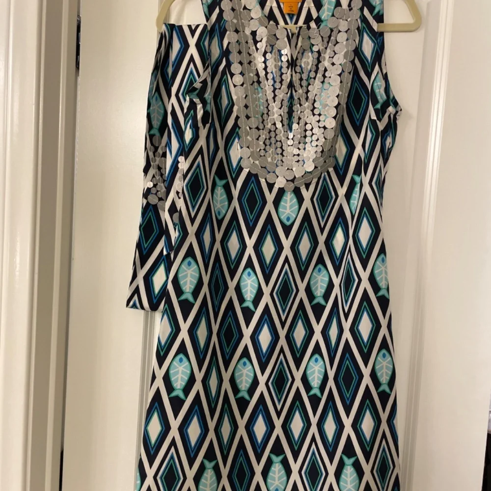 VINTAGE TORY BURCH 100% Silk Fish Print Blue/Turquoise  Kaftan Dress Size4
